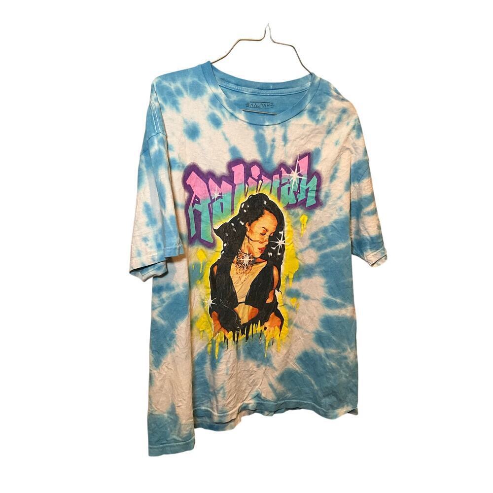 Aaliyah Official Graphic Print T-Shirt  Short‎ Sleeve Tie Dye Blue/White Size XL